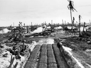 Enfouissement de munitions non explosées dans une zone de combat entre Américains et Japonais sur les Îles Marshall à la fin de la guerre 1939-1945